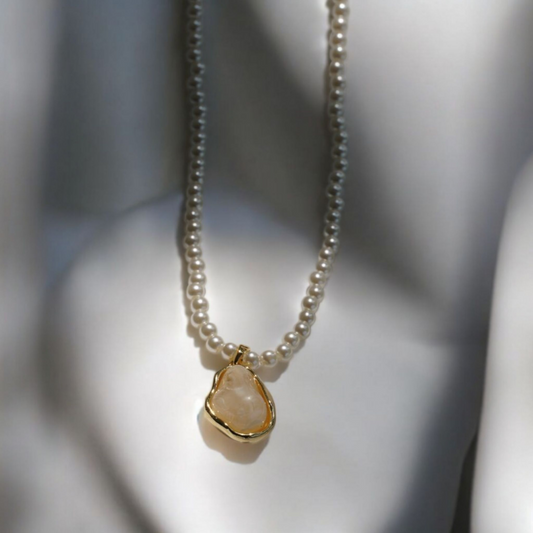 Crystal Pendant Earrings with Pearl Chain – Elegant Drop Design